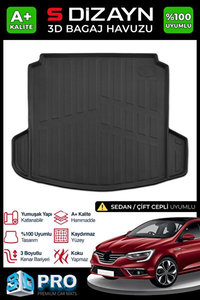 S-Dizayn Renault Megane 4 Sedan 3D Pro Bagaj Havuzu Çift Kulaklı 2016 Üzeri A+ Kalite 3BH-SDZ025-CF