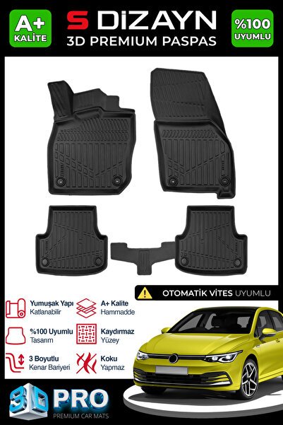 S-Dizayn VW Golf 8 Otomatik 3D Pro Havuzlu Paspas 2021-2024 A+ Kalite 3DS-SDZ106