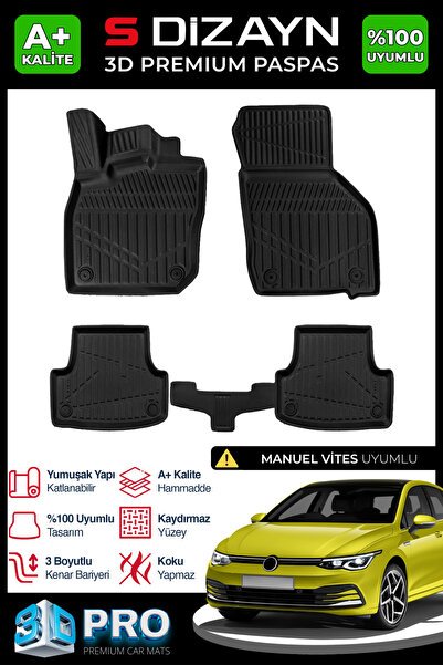 S-Dizayn VW Golf 8 Manuel 3D Pro Havuzlu Paspas 2020-2024 A+ Kalite 3DS-SDZ022