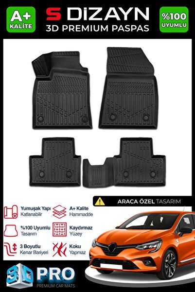 S-Dizayn Renault Clio 5 3D Pro Havuzlu Paspas 2019-2026 A+ Kalite 3DS-SDZ072