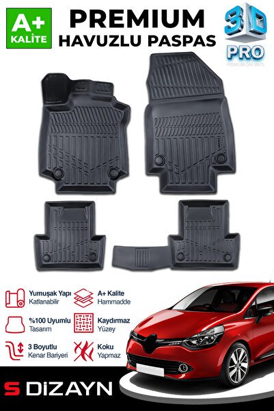 S-Dizayn Renault Clio 4 3D Pro Havuzlu Paspas 2012-2019 A+ Kalite