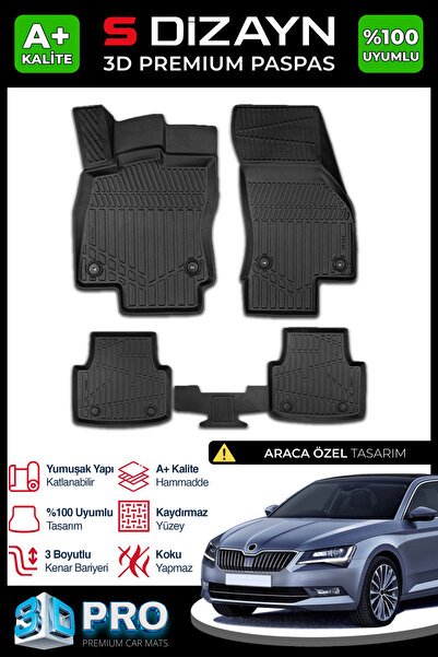 S-Dizayn Skoda SuperB 3D Pro Havuzlu Paspas 2015-2023 A+ Kalite 3DS-SDZ068