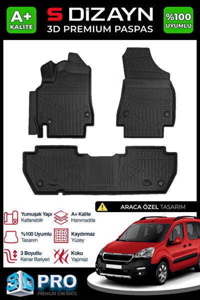 S-Dizayn Peugeot Partner Tepee 3D Pro Havuzlu Paspas 2008-2018 Üzeri A+ Kalite 3DS-SDZ299