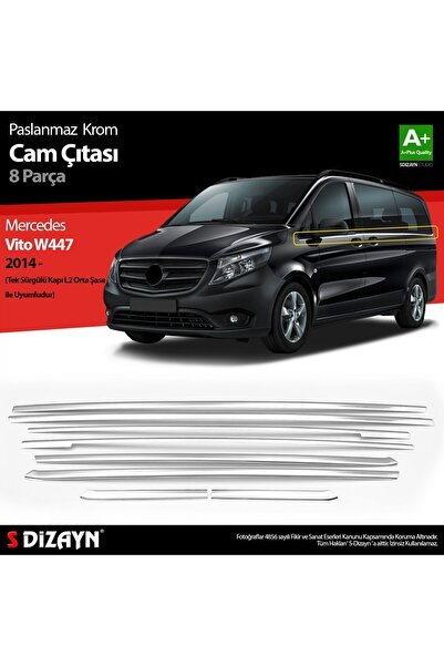 S-Dizayn Mercedes Vito W447 Krom Cam Alt Çıtaları 8 Prç. (Tek Sürgülü Kapı-L2 Orta Şasi) 2014-2020
