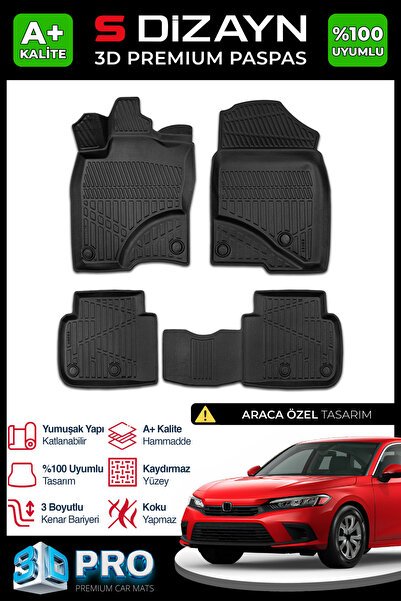 S-Dizayn Honda Civic 3D Pro Havuzlu Paspas 2021 Üzeri A+ Kalite 3DS-SDZ053
